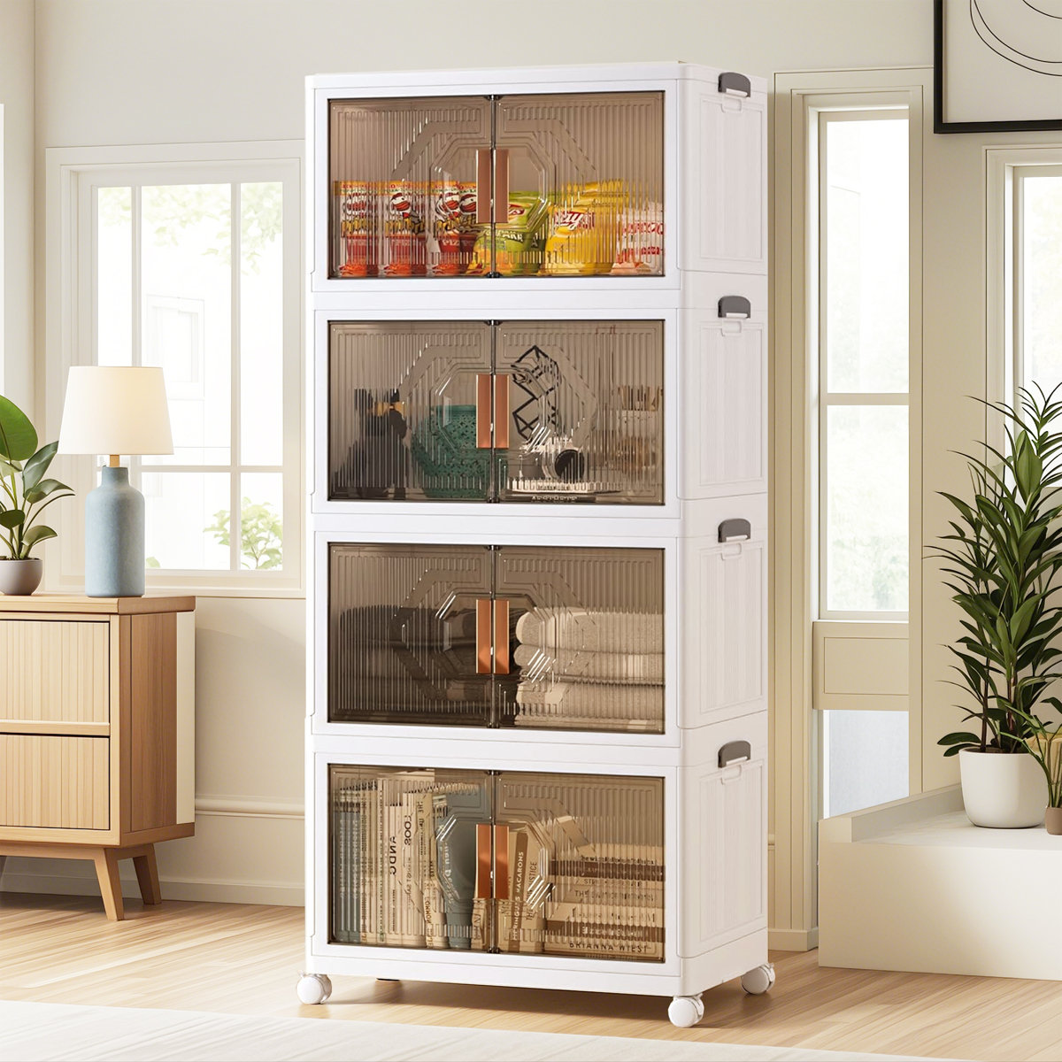 Canas 4 Pack Stackable Storage Bins 70 QT Folding Organizer Boxes Collapsible Closet With Door Wheel Lid